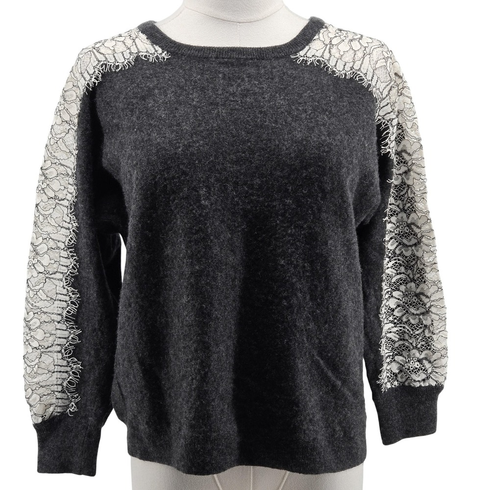 J.CREW Sweater Pullover Womens M Gray‎ Wool Crew Neck Fringe Raglan Heavyweight